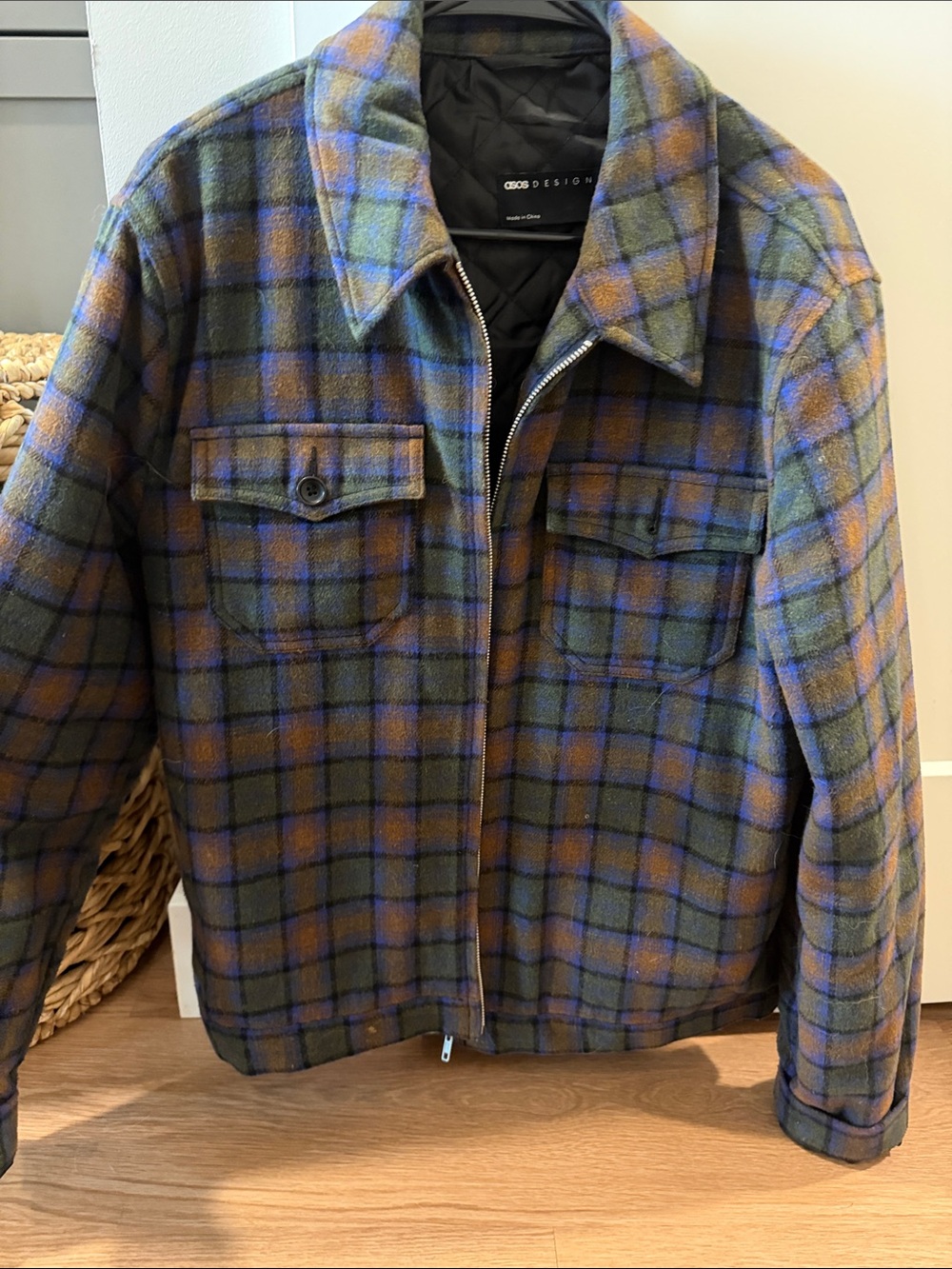 ASOS Plaid Field Jacket in Green and Blue with Brown Accents